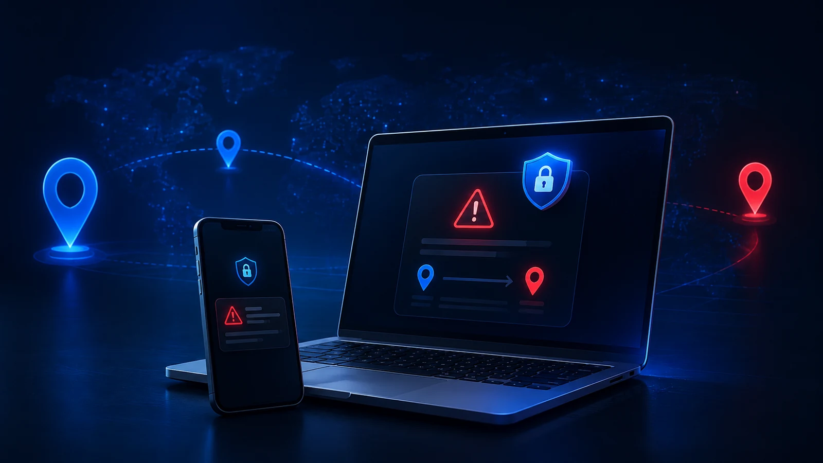 A VPN-connected laptop and phone display a security alert after a network or location change.