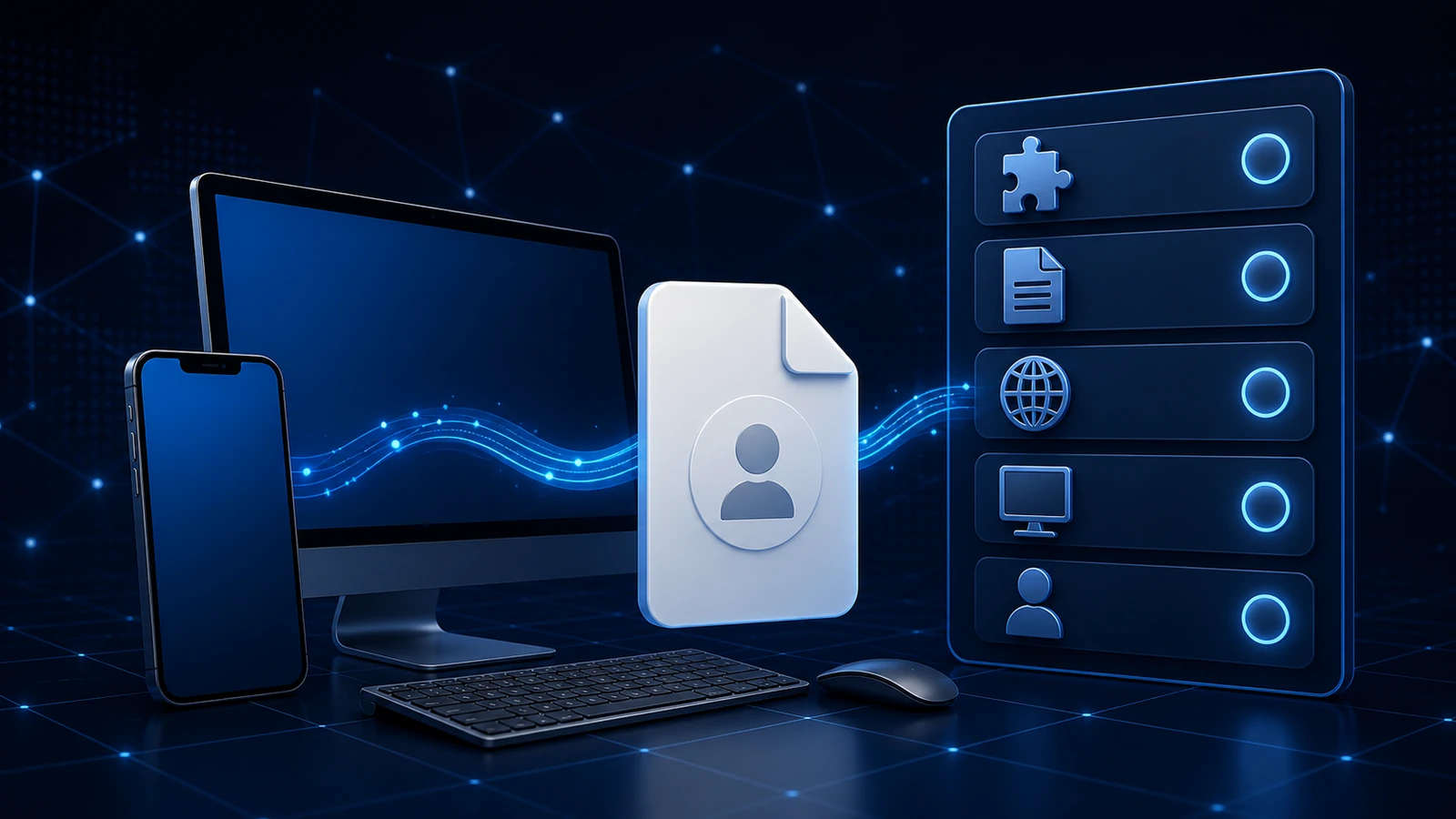Illustration of a new device, a VPN profile file, and a pre-setup checklist
