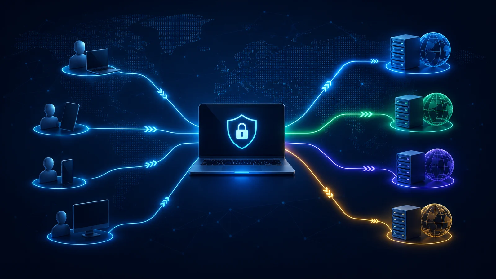 Diagram of a VPN connection exiting through one of several eligible exit paths, one marked with a review badge, beside a plan, eligibility, and review checklist.