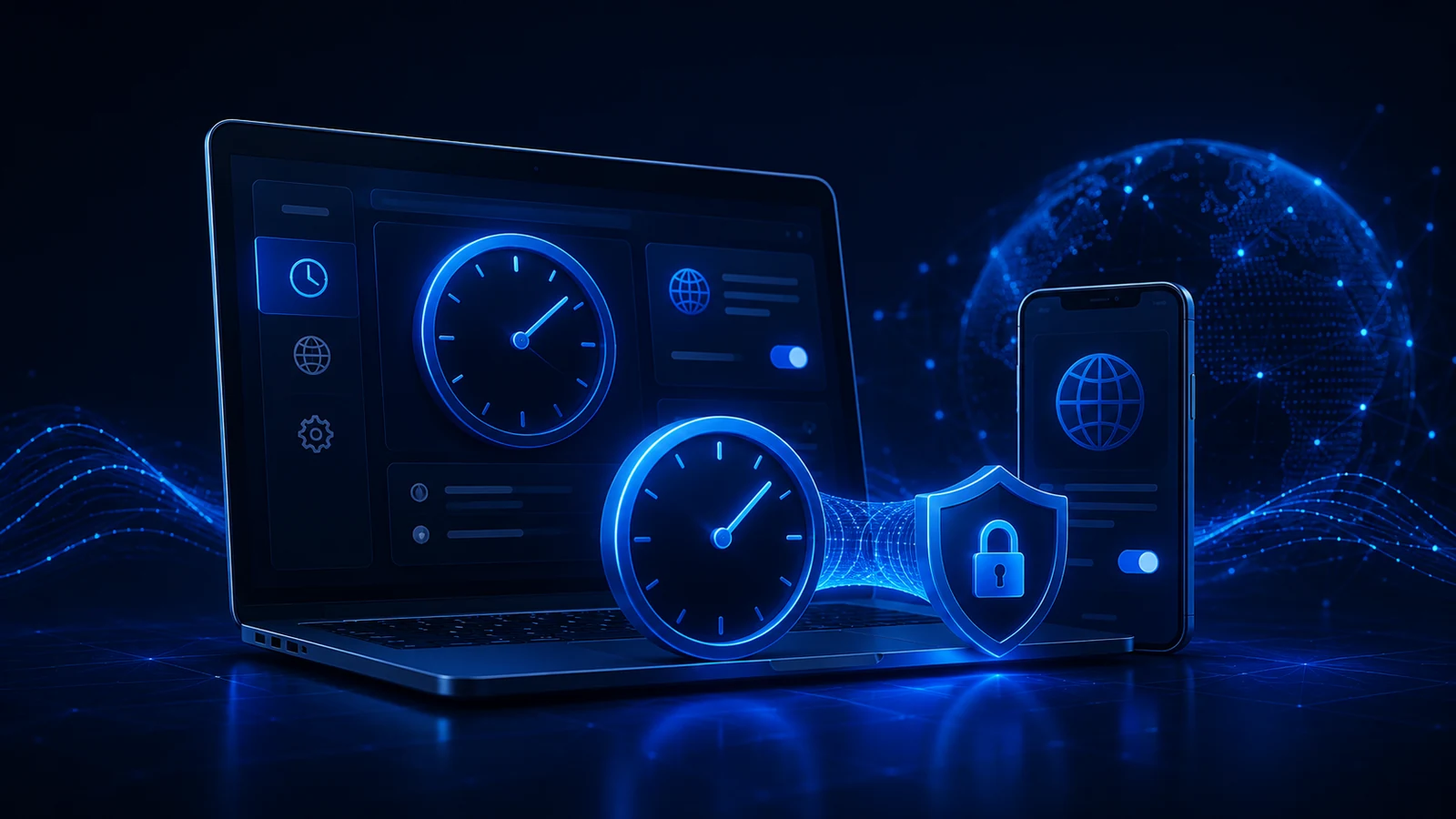 A laptop and phone show synchronized clocks beside a protected global VPN connection.