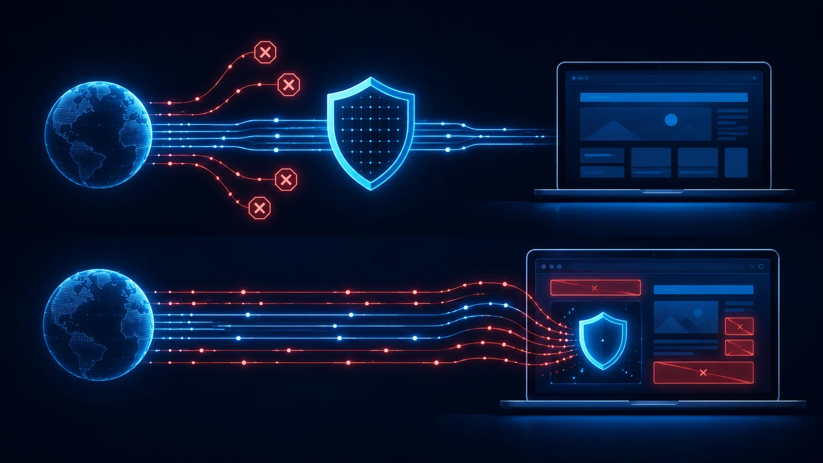 Illustration comparing two layers: a DNS lane where a filter diverts some domain lookups before pages load, and a browser lane where a page-level blocker hides some elements after loading, with neither lane shown as complete.