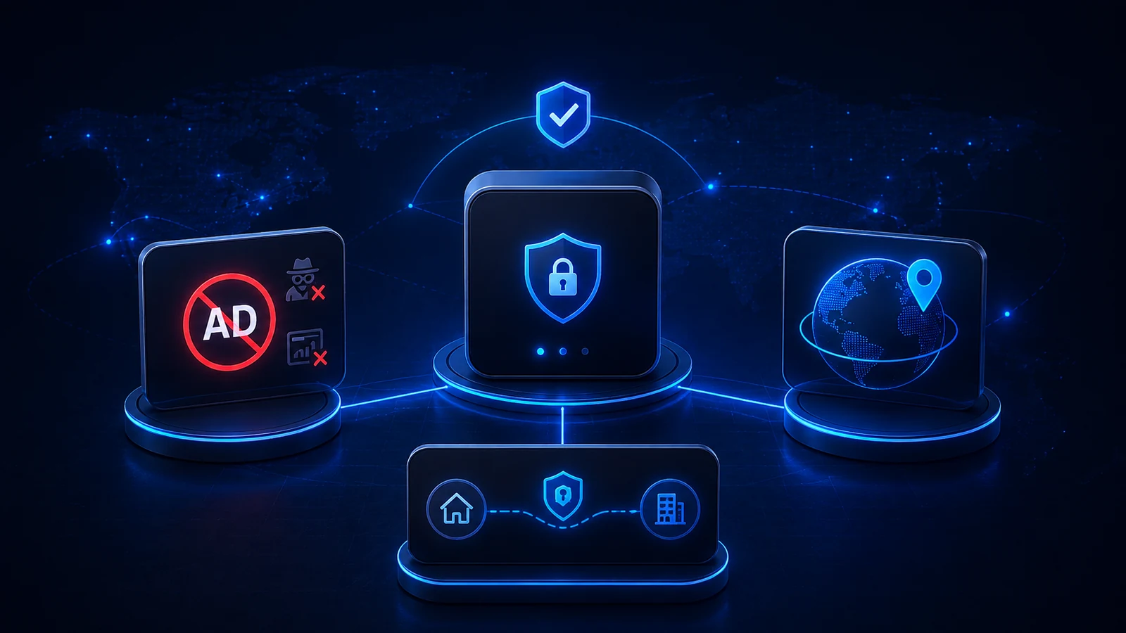 DNS AdBlock, GeoDNS, Custom Exit, and a secured VPN connection appear as coordinated routing features.