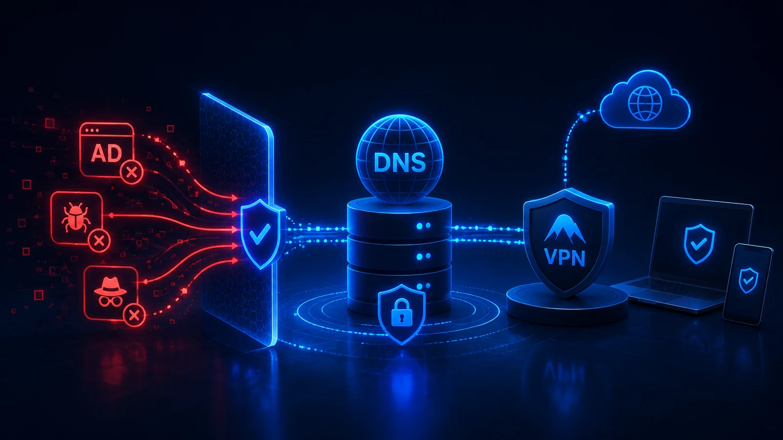 A DNS shield blocks advertising, tracker, and malicious requests before traffic reaches the VPN path.