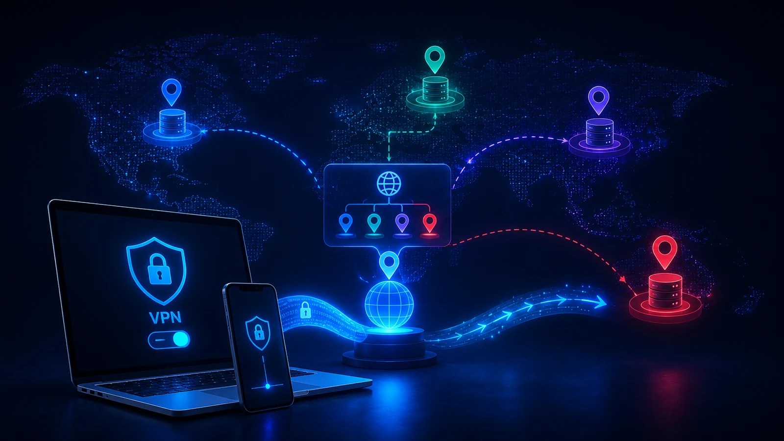 A GeoDNS routing diagram directs a secured VPN connection toward different regional destinations.