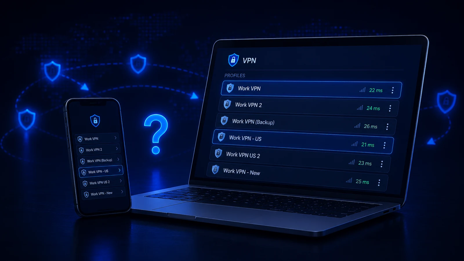 A laptop and phone show several similar VPN profiles with one intended profile highlighted.