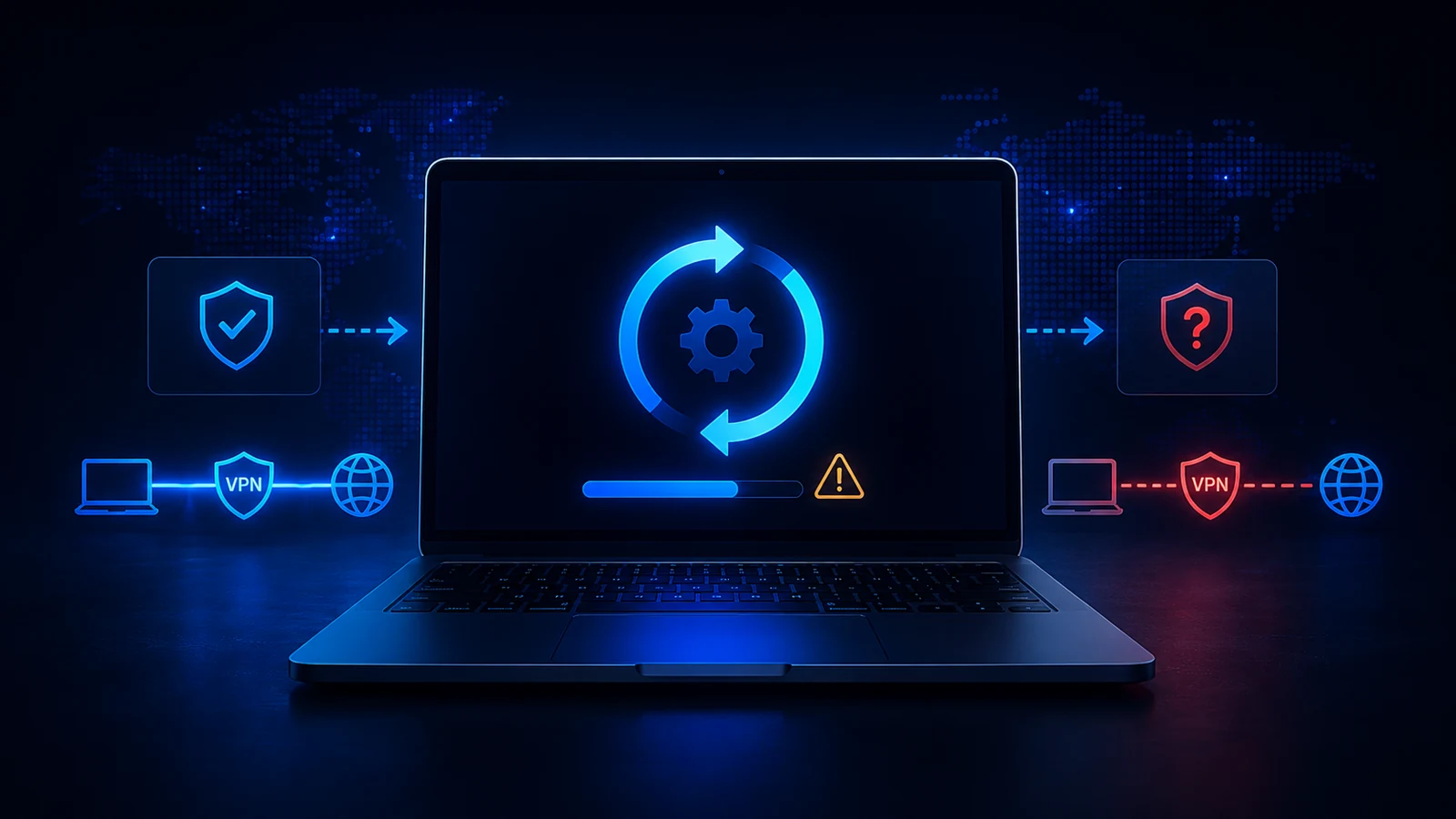 A laptop applies an operating-system update and rechecks the VPN path for compatibility.