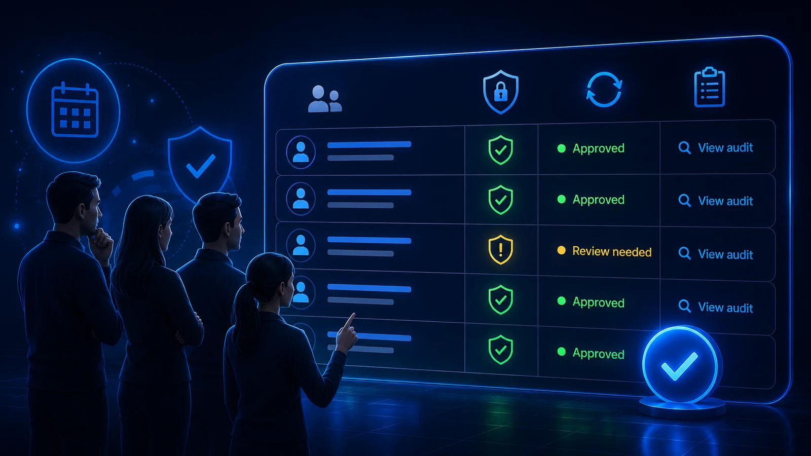 A small team reviews active VPN assignments, devices, and access status on a security dashboard.