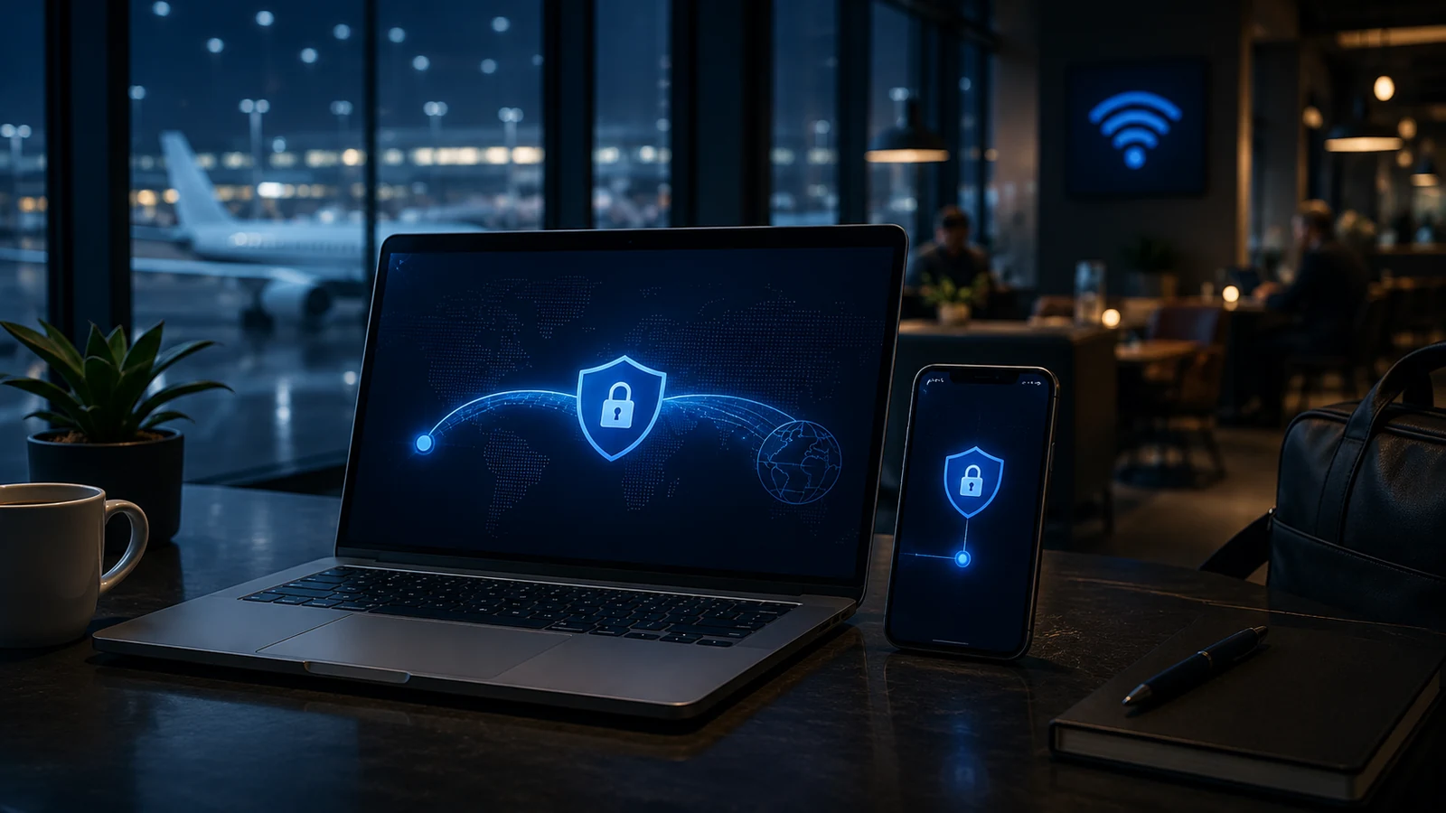 A laptop and phone use a protected connection from an airport lounge public Wi-Fi network.