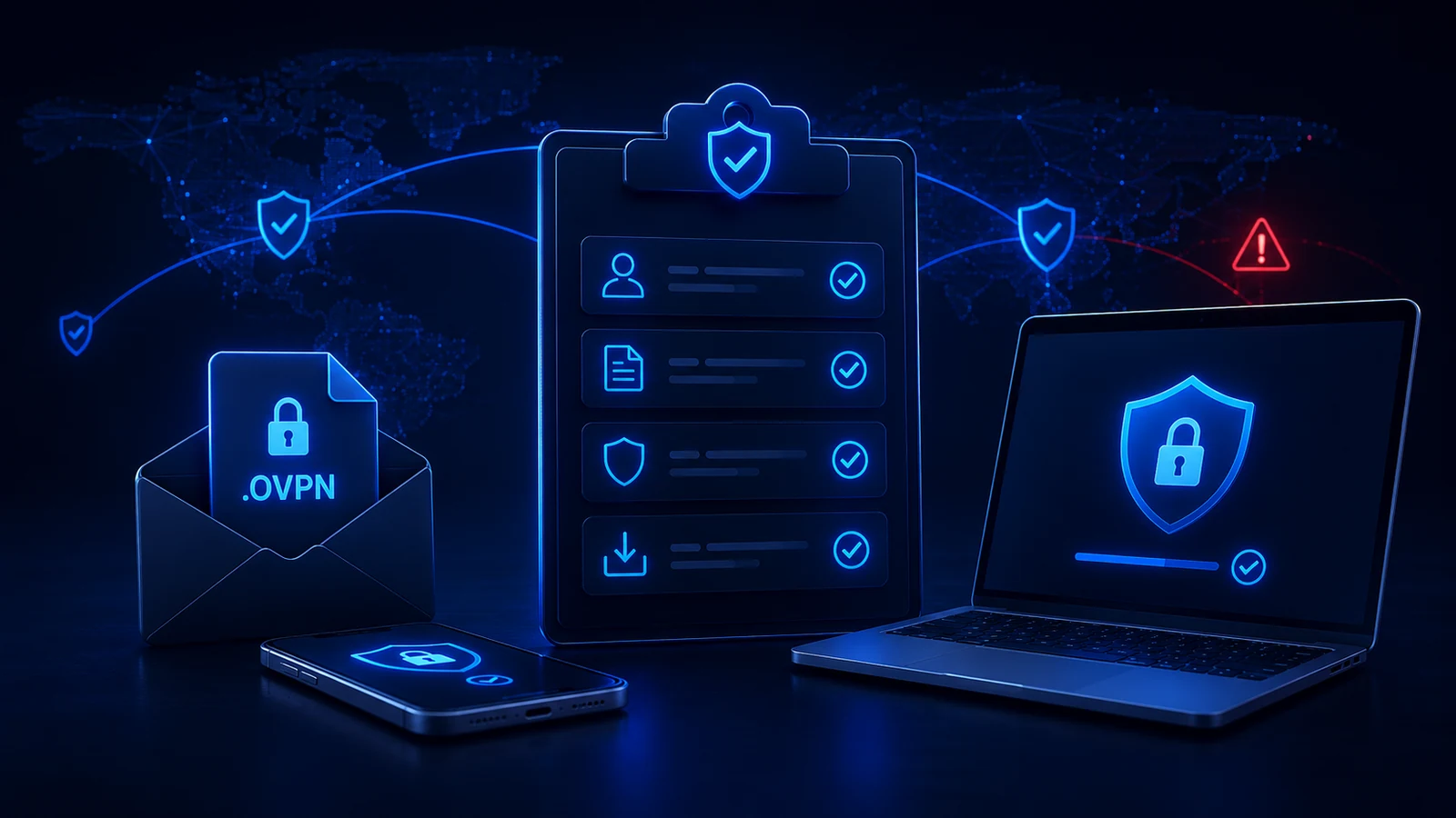 A received VPN profile file, verification checklist, and protected laptop illustrate safe profile handling.