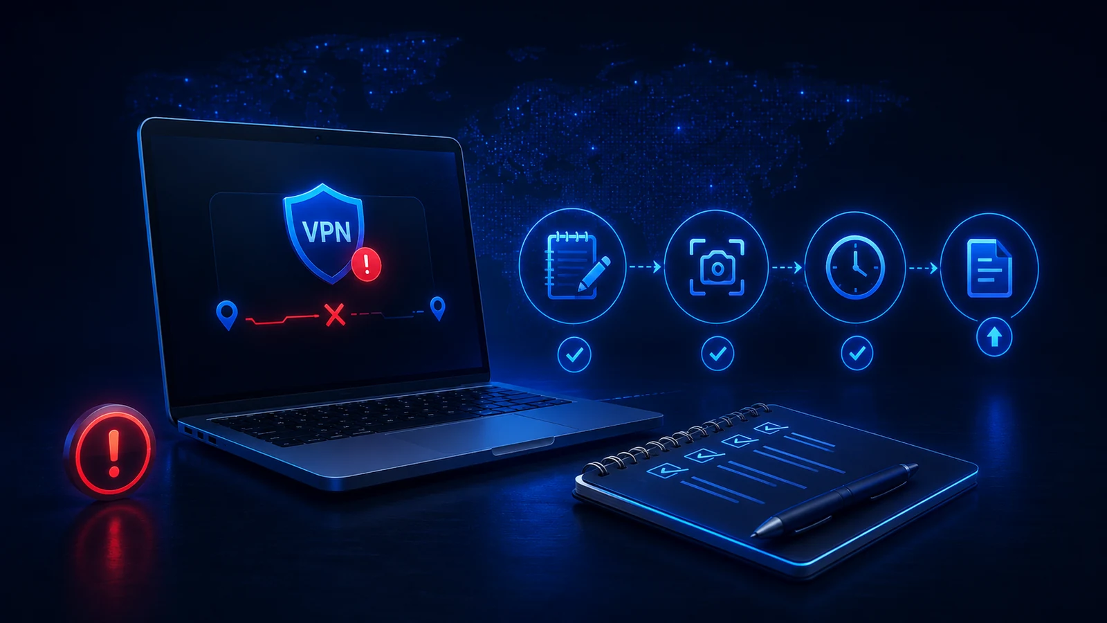 A laptop connection warning is paired with steps for recording screenshots, timing, and issue details.