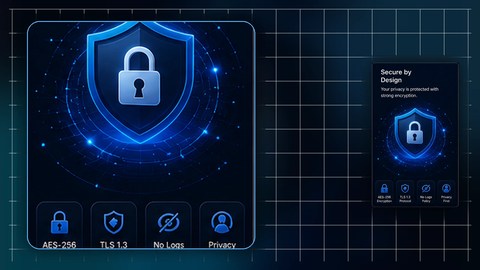 Two people are separated from a shared VPN profile by a clear no-sharing symbol, with a protective shield below.
