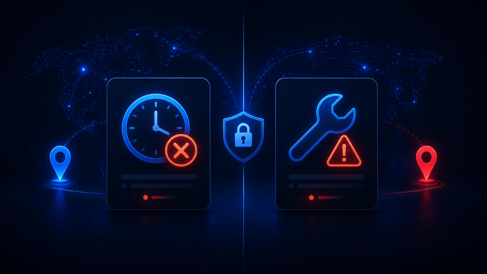 Two diagnostic panels distinguish expired VPN access from a technical connection problem.