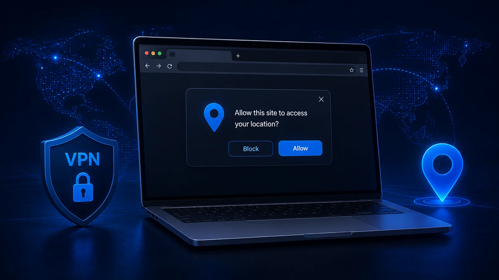A browser asks whether a VPN-connected laptop may share device location.