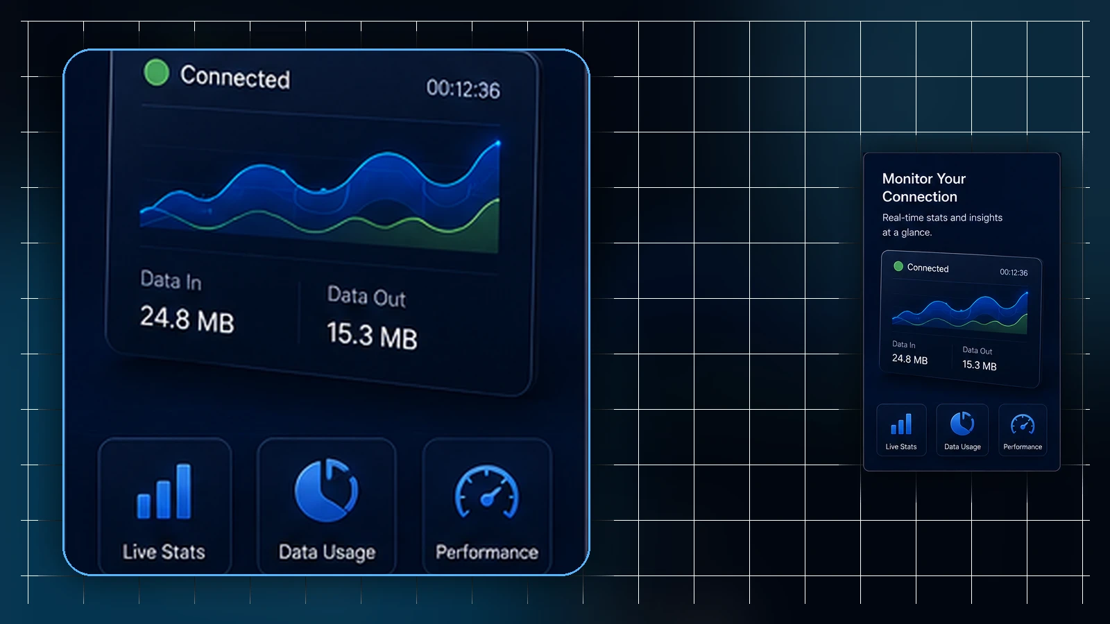 Illustration of three connected layer cards — the Lisar service layer with panel and plan, the .ovpn profile file, and a standard client with an Upload File step — shown as three parts of one setup.