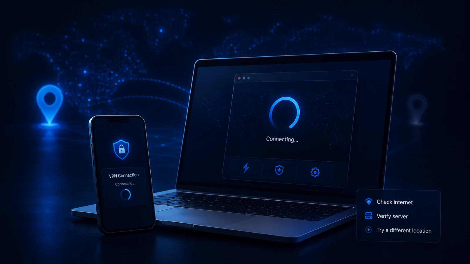 A laptop and phone remain on a VPN connecting screen with basic checks beside them.