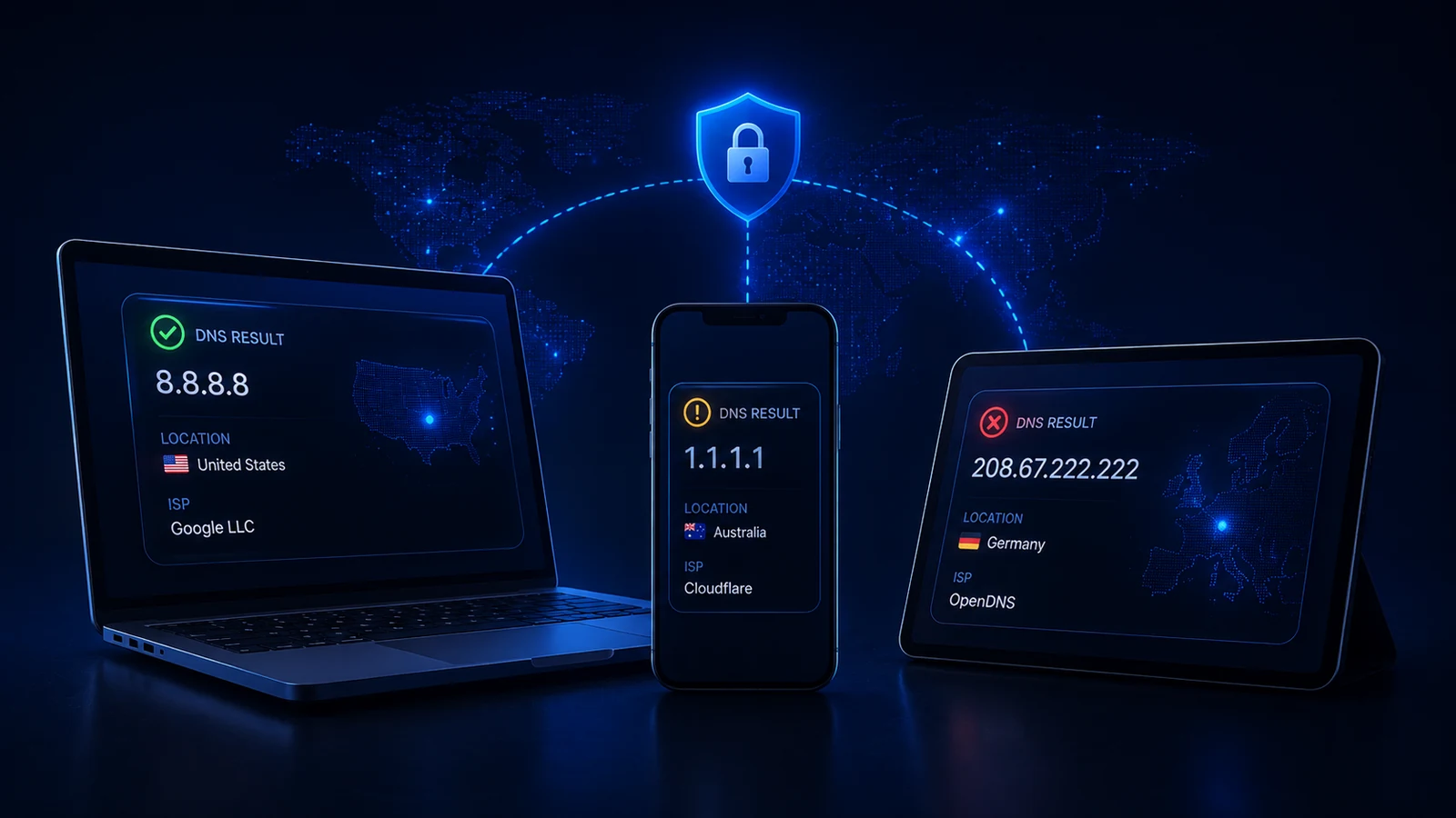 A laptop, phone, and tablet return different DNS results while using the same protected connection.
