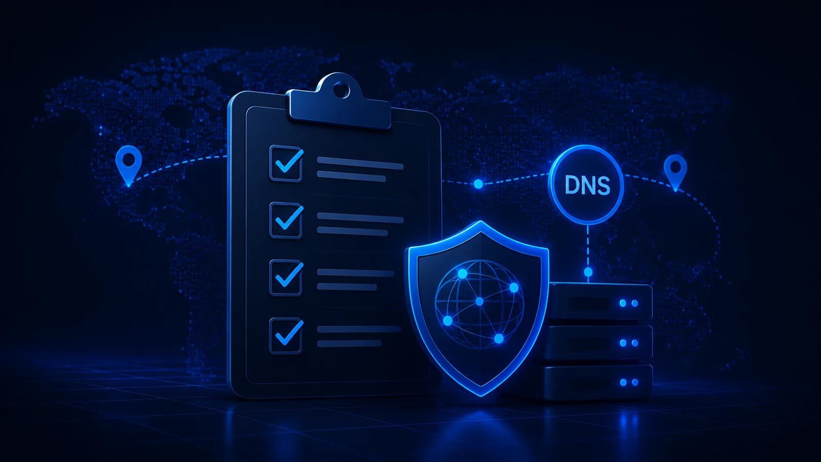 A DNS settings checklist is paired with a protected resolver and VPN server path.