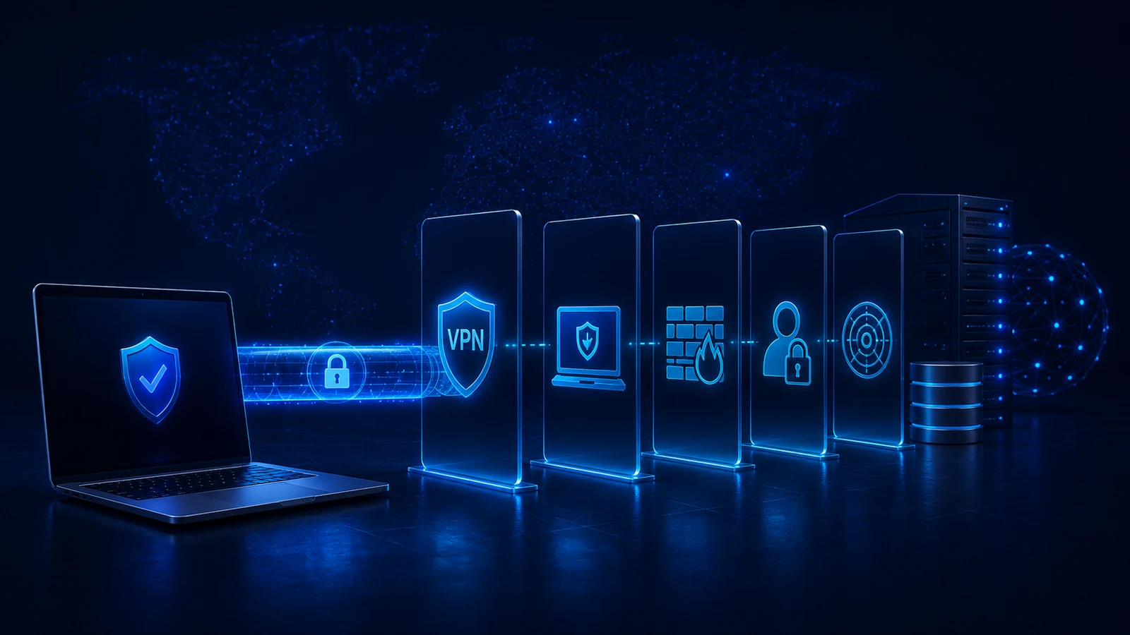 A VPN tunnel passes through additional enterprise security layers including endpoint, firewall, identity, and monitoring.