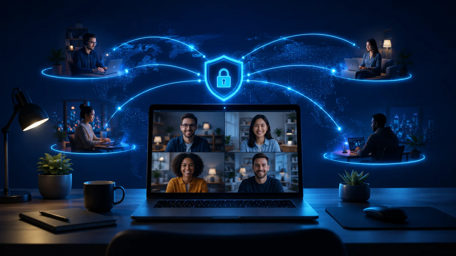 Illustration of hybrid team members in office and home zones, each device with its own profile card, connected by one shared standards card, beside a separate, equal-weight stack of company control cards.