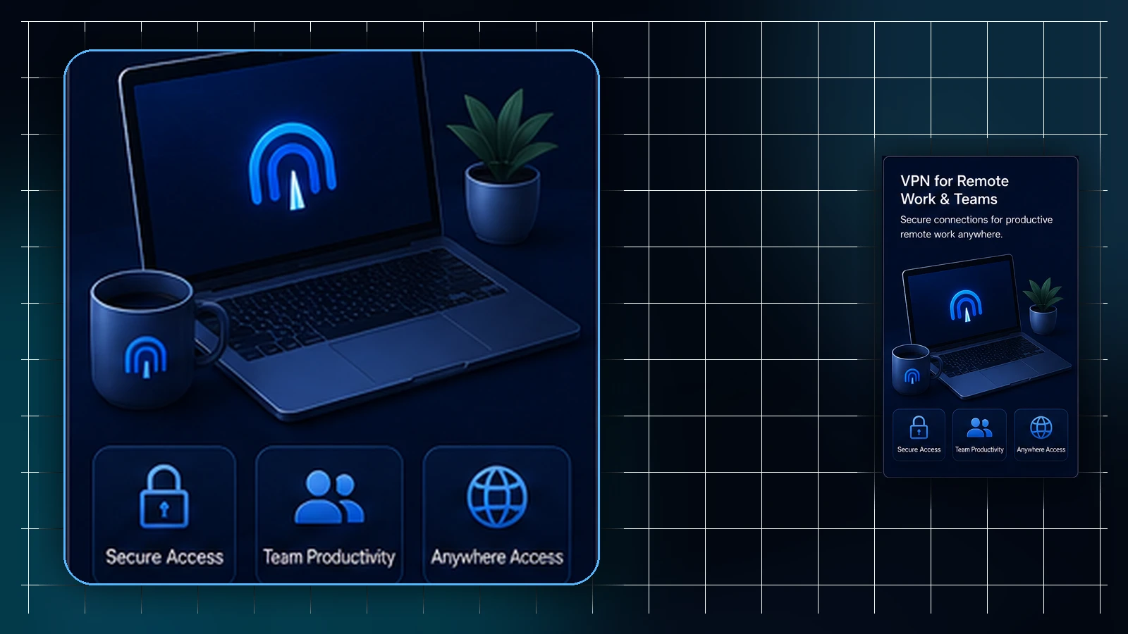 Three-stage illustration of remote-team setup: onboarding from the panel, separate working device profiles, and a travel-ready device beside a checklist.