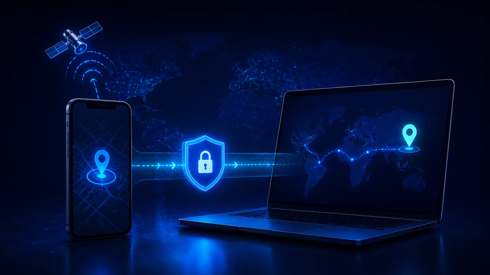 A phone shows a physical GPS position while a laptop shows a different VPN exit location.