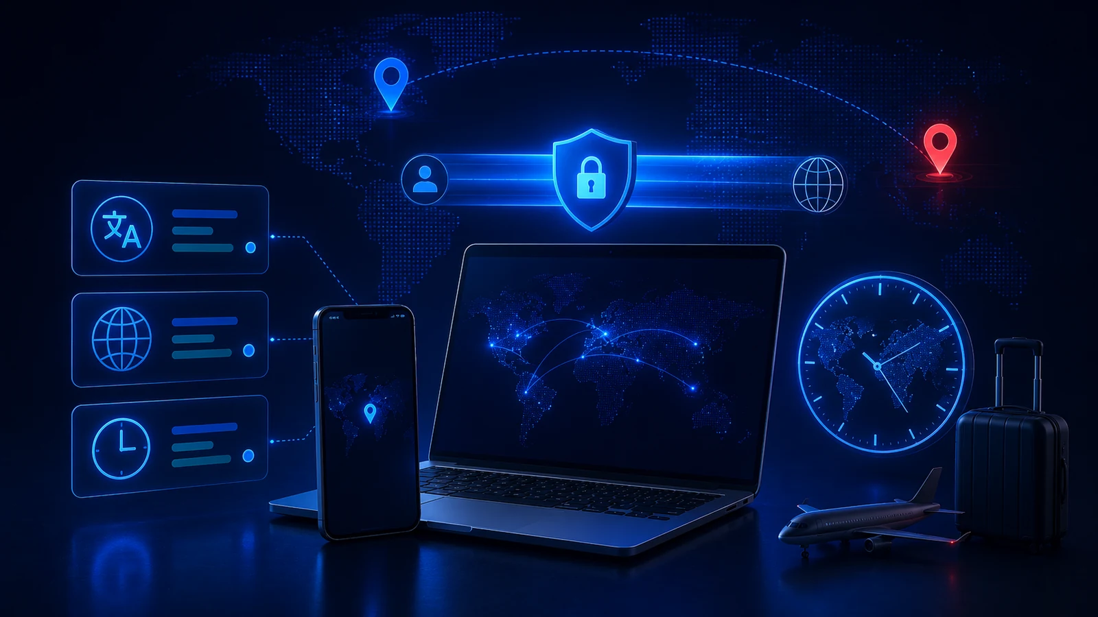 Language, region, time-zone, and travel signals surround a VPN-connected laptop and phone.