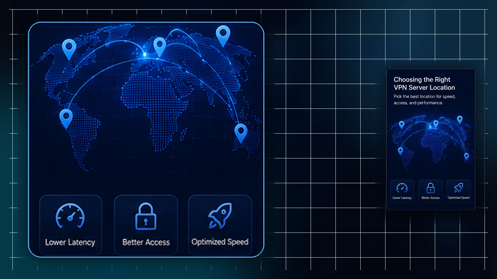 Illustration of two routing lanes from one device: a nearby-by-design lane reaching the closest of several route nodes, and a specific-exit lane reaching one designated plan-level exit marked with a review badge.