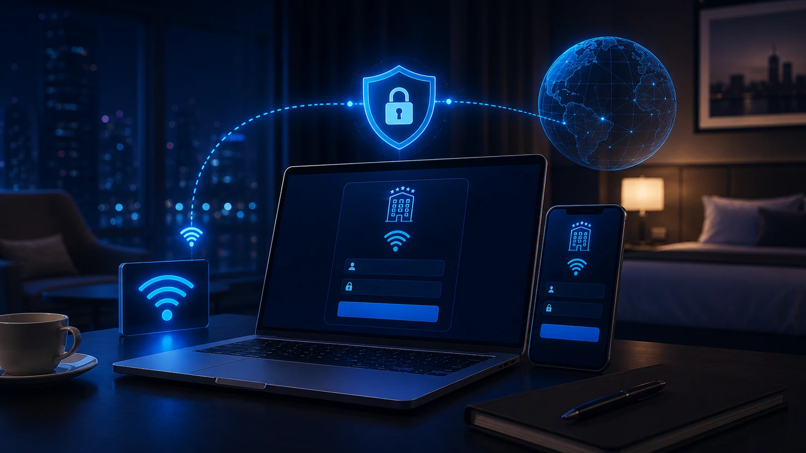 A hotel Wi-Fi sign-in portal appears on a laptop and phone before the protected VPN connection.