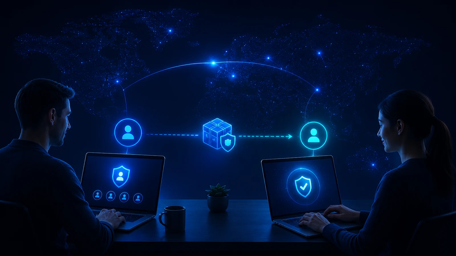 Two team members exchange a protected VPN profile package during a remote onboarding workflow.
