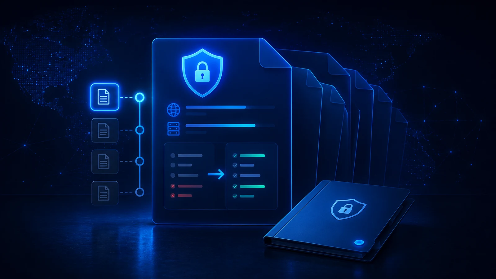 A secured VPN profile document shows a version timeline and reviewed configuration changes.