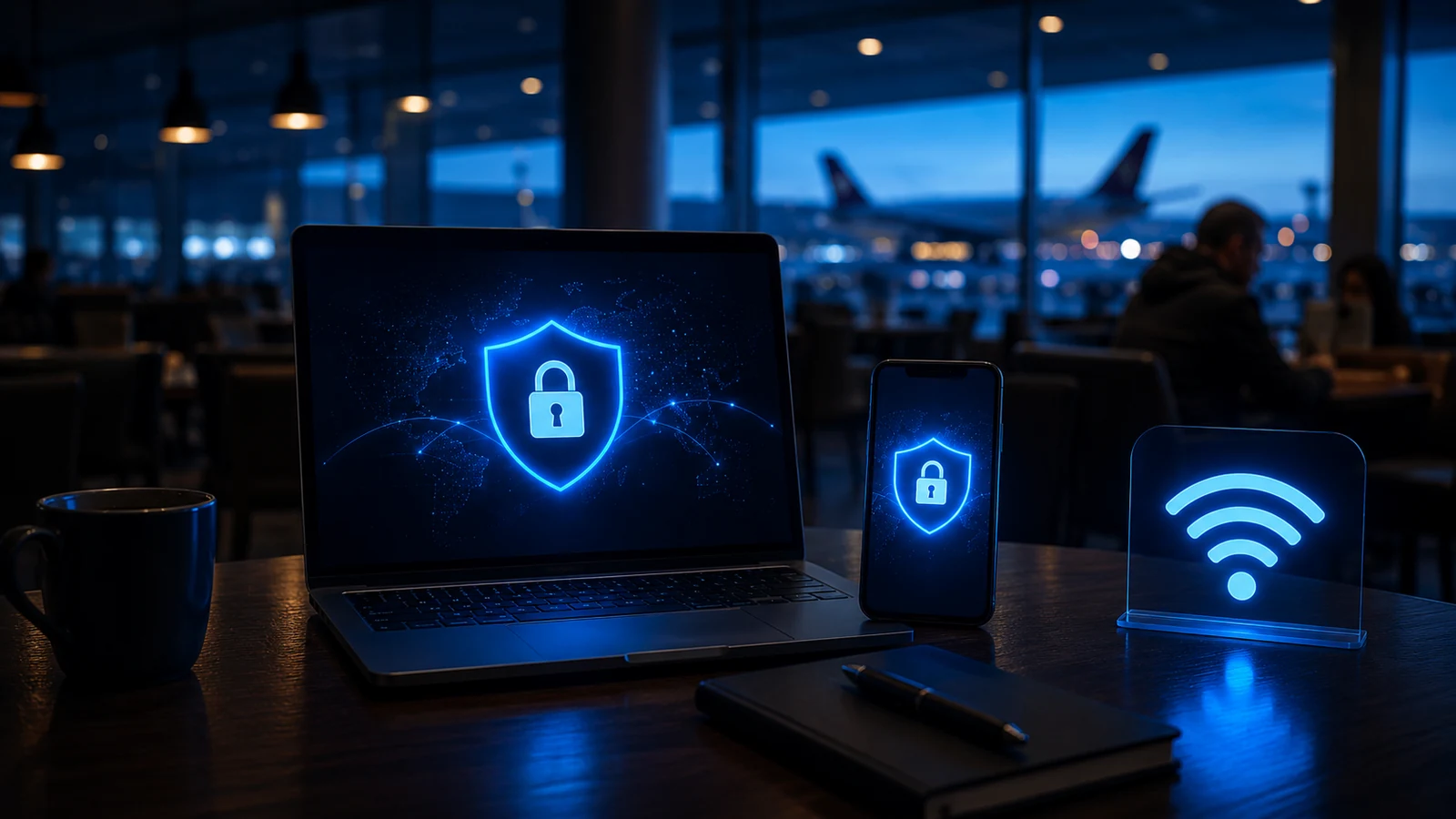A laptop and phone use a protected VPN connection in an airport public Wi-Fi lounge.