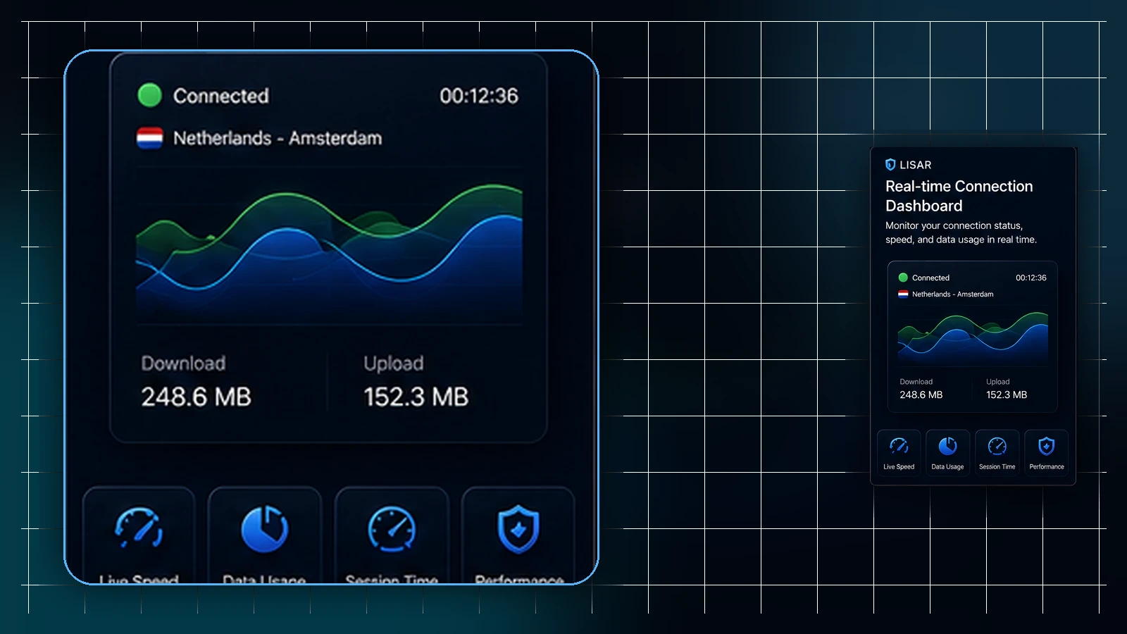 Illustration of a device moving across changing network states — asleep, Wi-Fi A, Wi-Fi B, mobile data — with the VPN client re-establishing its connection after each change.