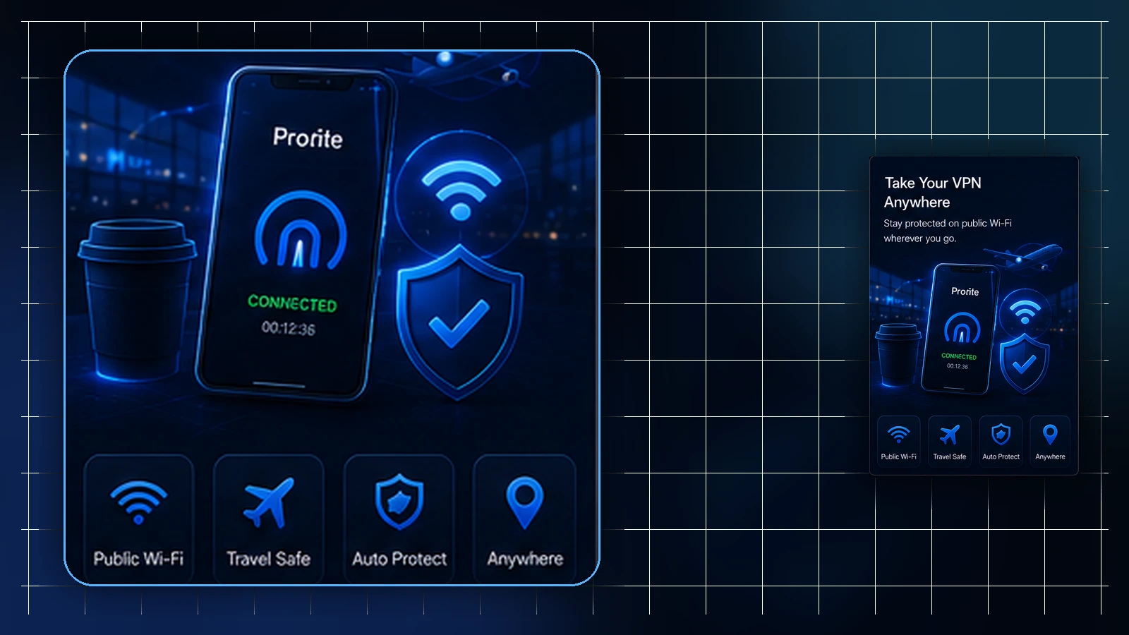 Illustration of a laptop and phone, each with a checked profile file, beside a five-item pre-travel checklist covering profile source, device checks, managed policy, public Wi-Fi, and support.