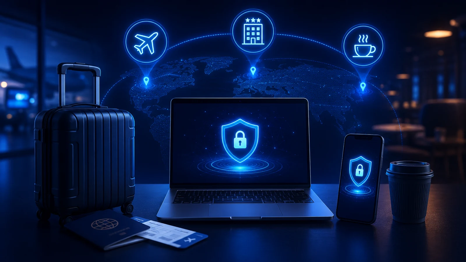 A traveler’s laptop, phone, luggage, passport, airport, hotel, and café are linked by a protected connection.