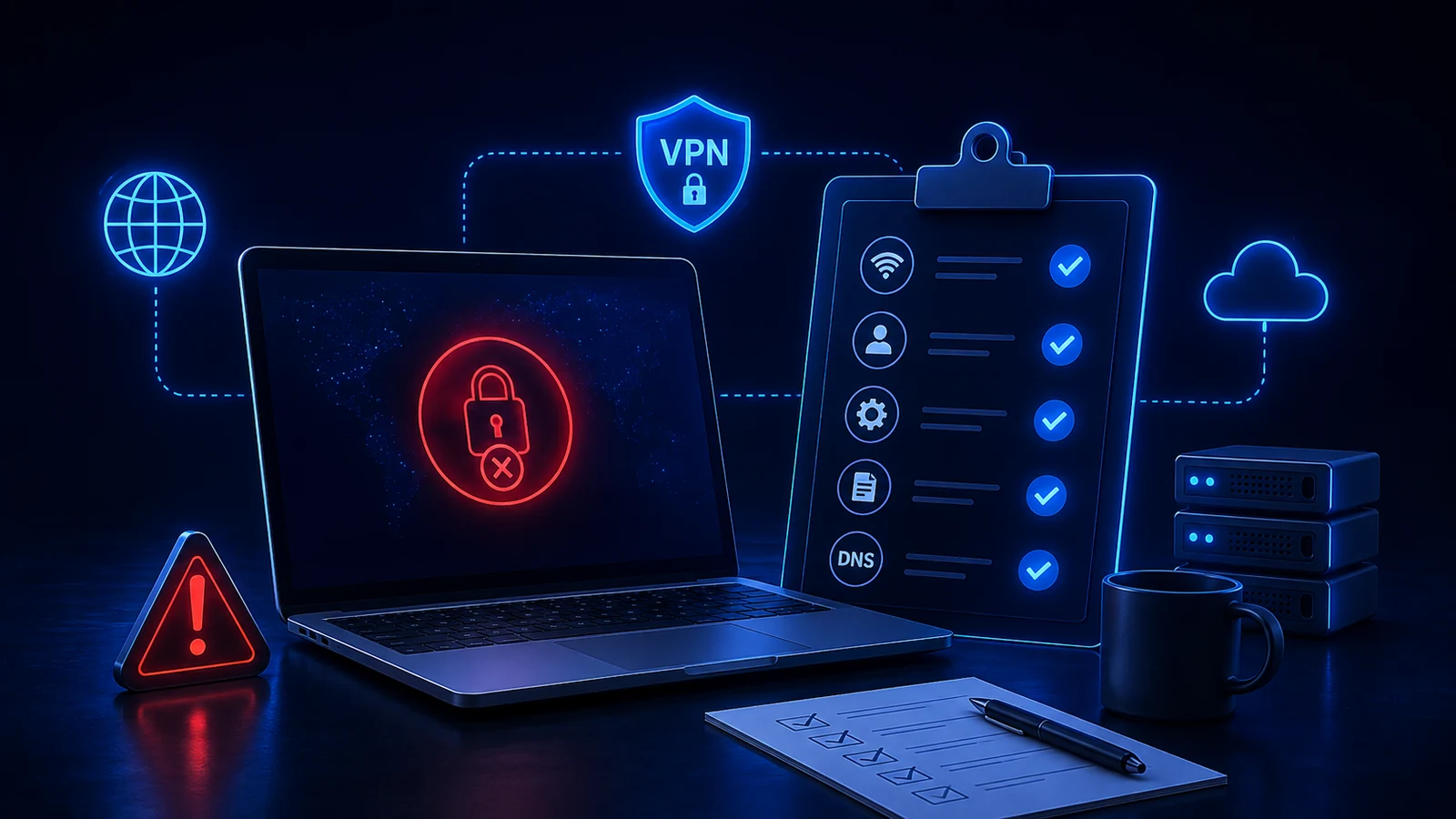 A VPN troubleshooting checklist reviews internet, profile, client, DNS, and server checks.