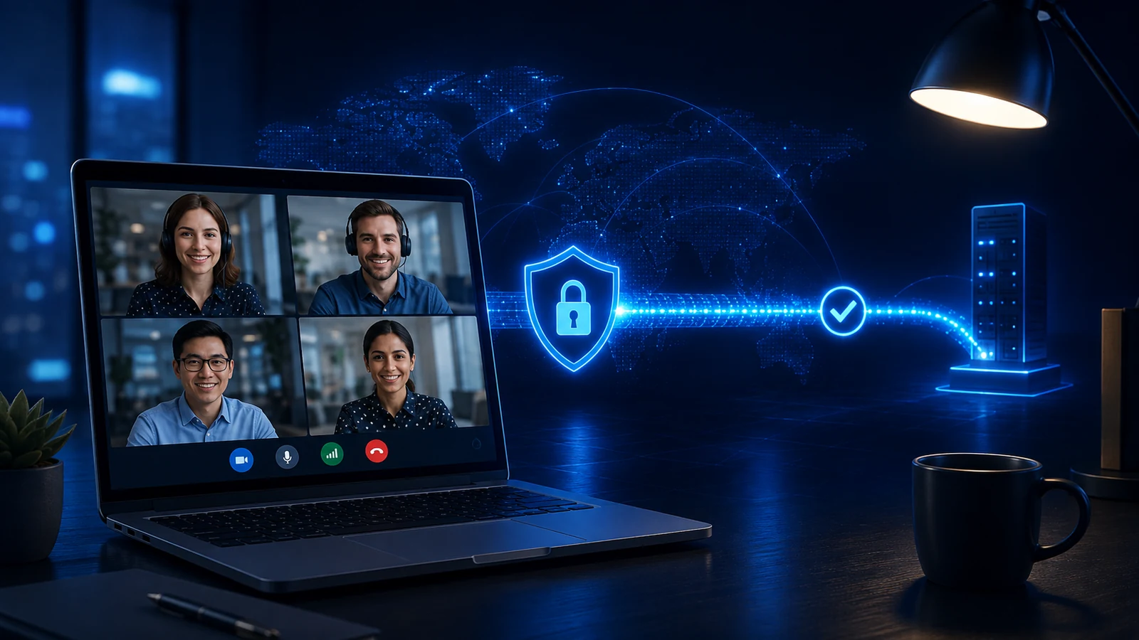 A four-person video call travels through a protected VPN tunnel to a remote server.