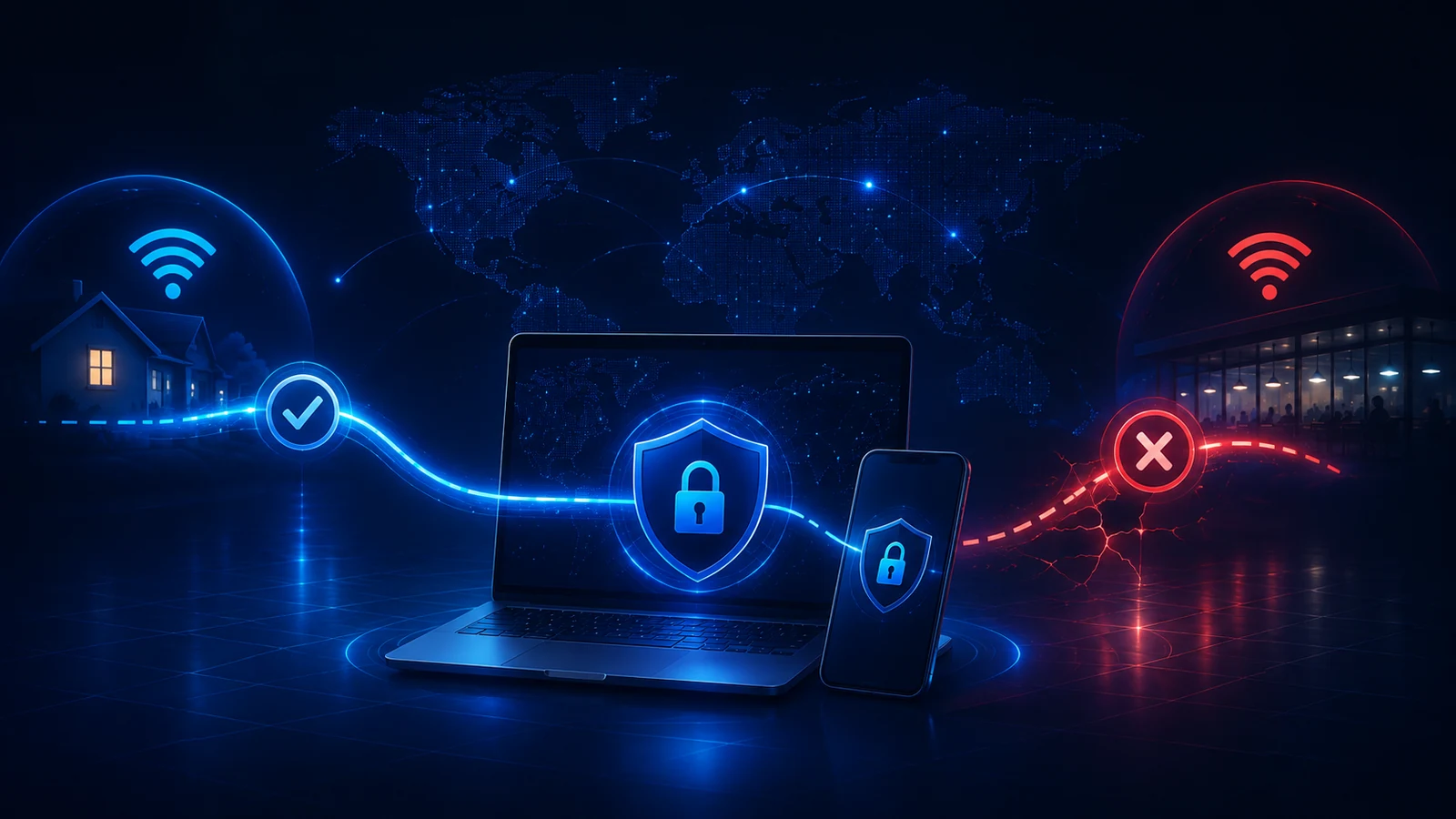 A VPN works on a trusted home network but fails on a public network, shown in blue and red paths.