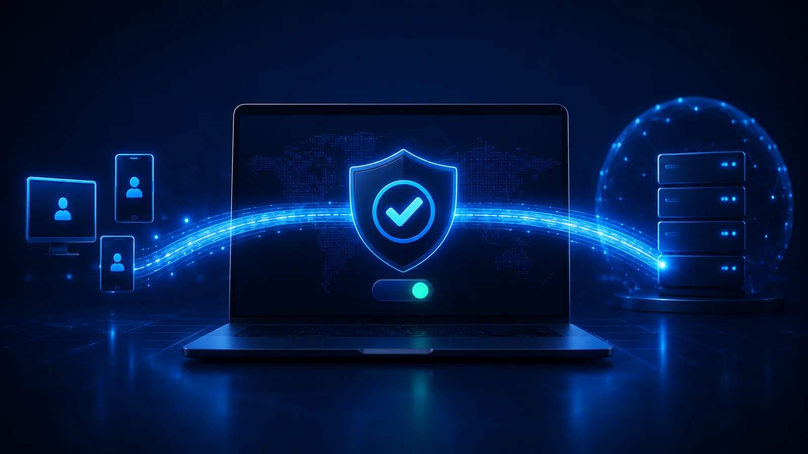 Multiple devices send traffic through a verified VPN tunnel to protected servers.