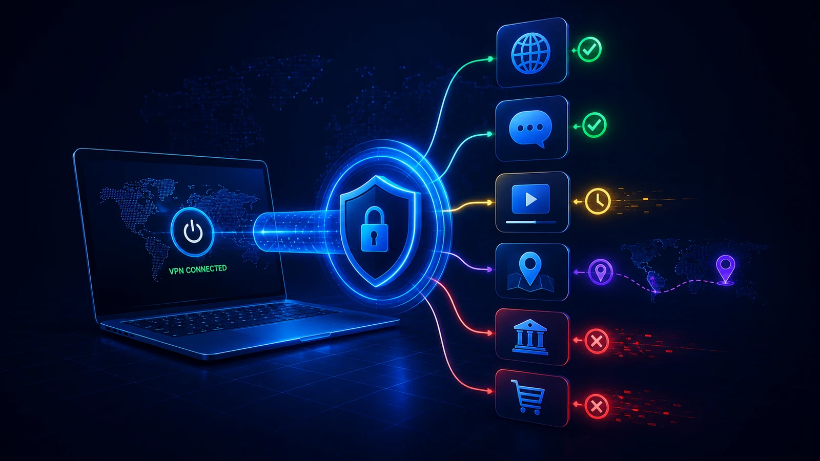 A VPN connection branches toward web, messaging, video, location, banking, and shopping services with different outcomes.