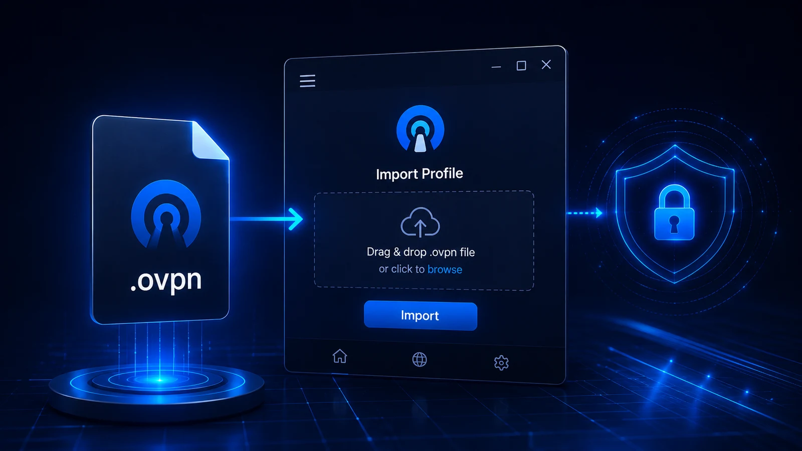 OpenVPN .ovpn profile import illustration shown as one available Lisar setup path.