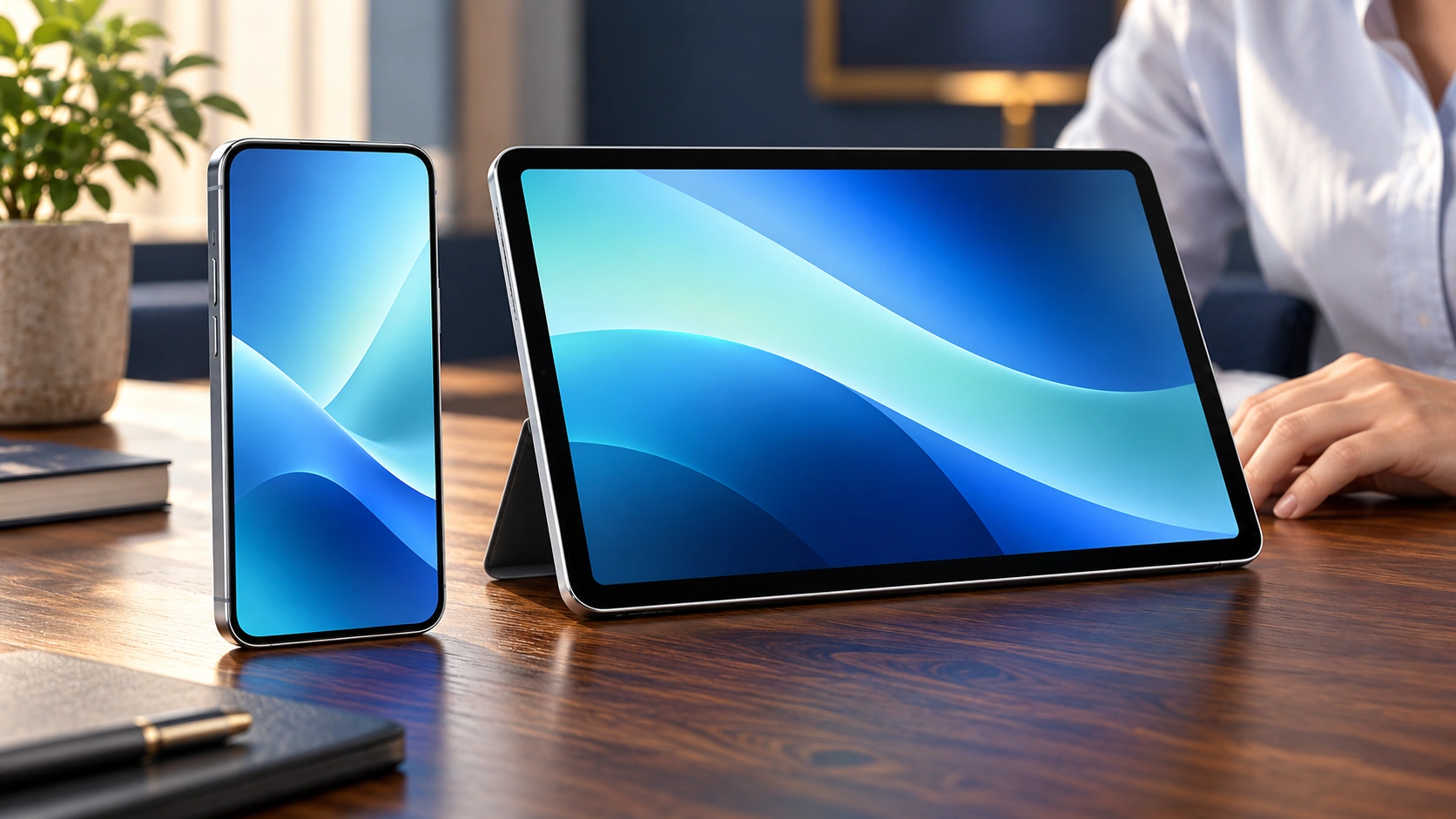 Celular e tablet sobre uma mesa de escritório com luz natural.